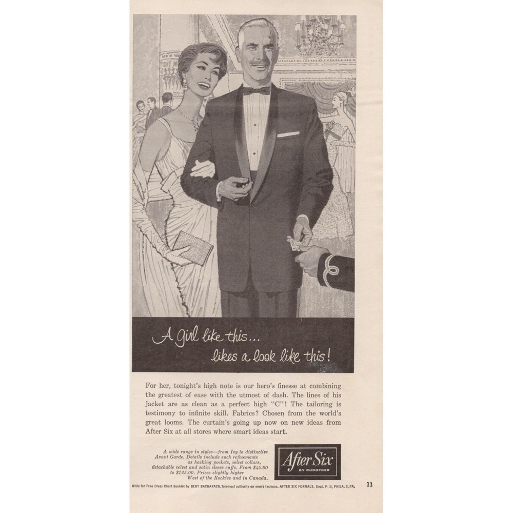 After Six Tuxedo Formalwear Black Tie Mid Century Fashion Vintage Print Ad‎ 1958